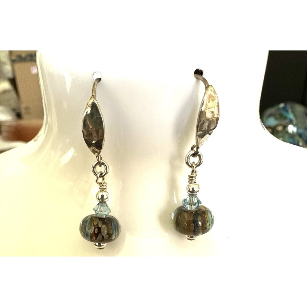 Silver 925 Shimmery Green & Brown Lamp Work Glass Bead Dangle Ornament Earrings